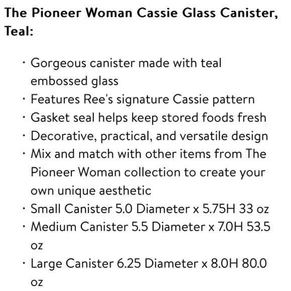 Pioneer woman cassie glass canister set 3 pc Teal new